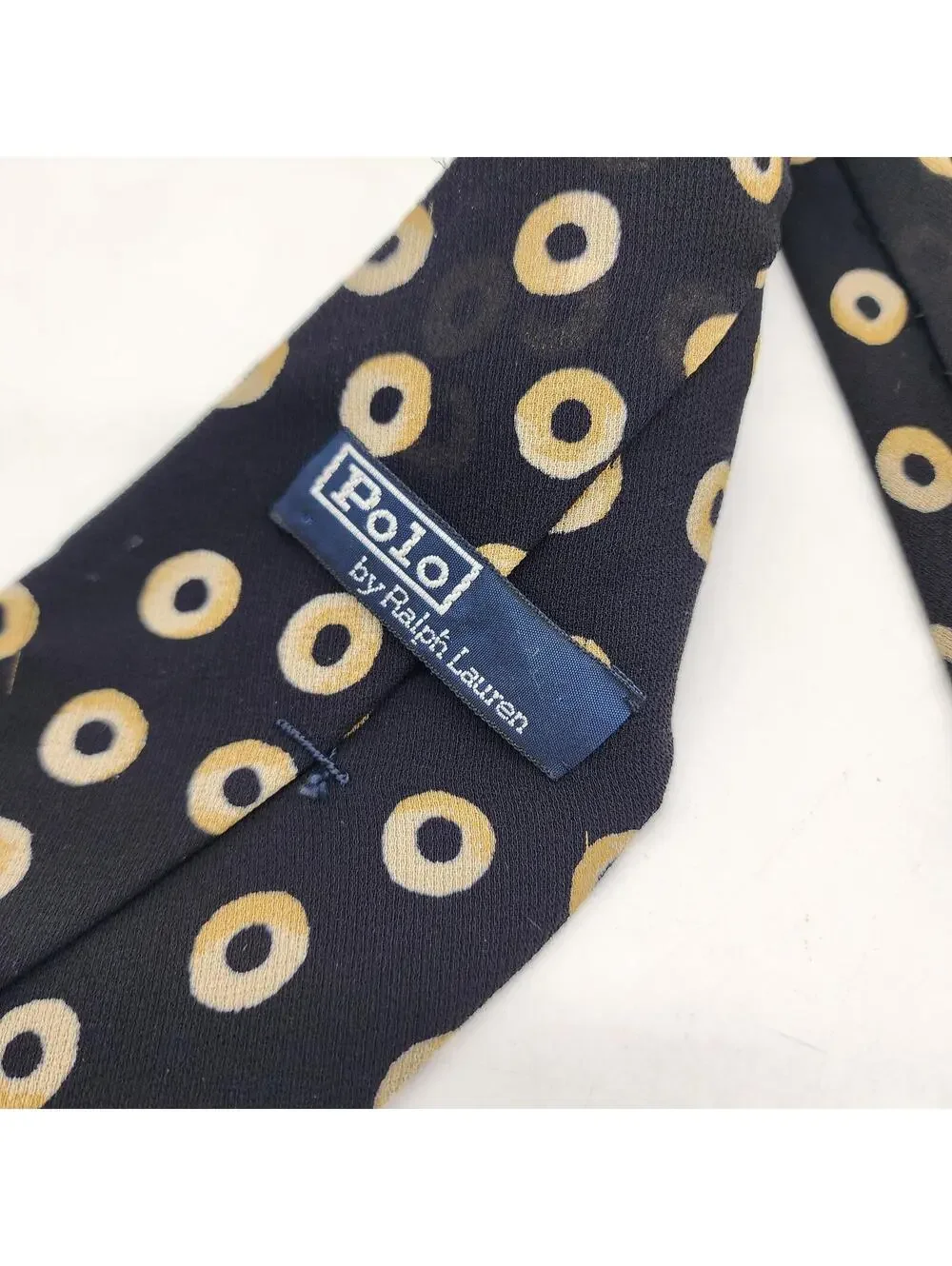 Vtg Polo Ralph Lauren Silk Tie Black Gold Circle Ring Geometric Made By Hand USA